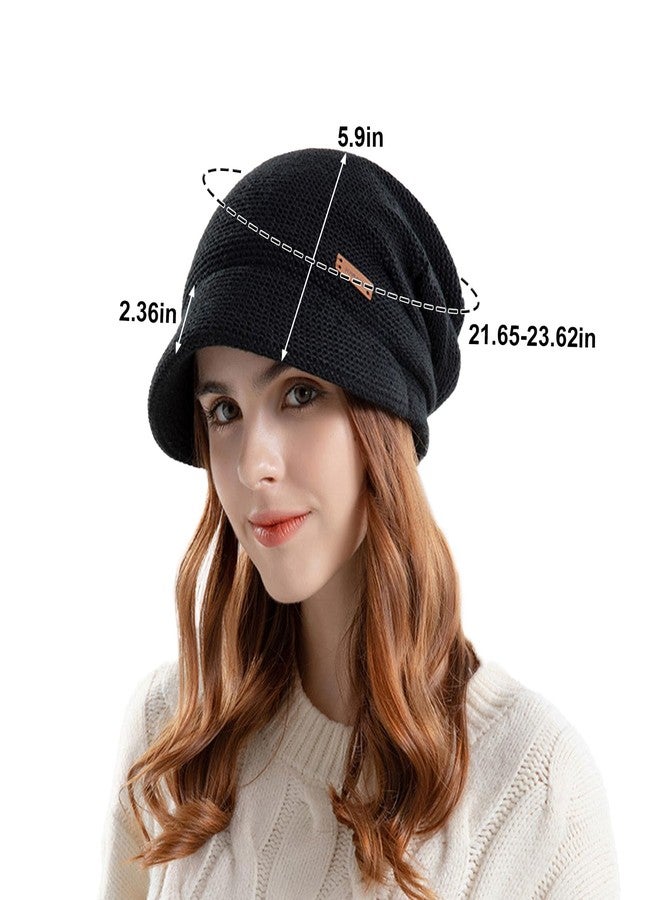 BEARAE Women Slouchy Knit Hat Winter Warm Fleece Lined Beanie Hat Stretchy Skull Cap with Visor Brim Black - Image 2
